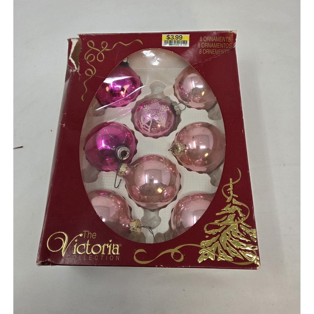 Rauch Victoria Collection 8 Vintage Pink Glass Christmas Ornaments Box USA